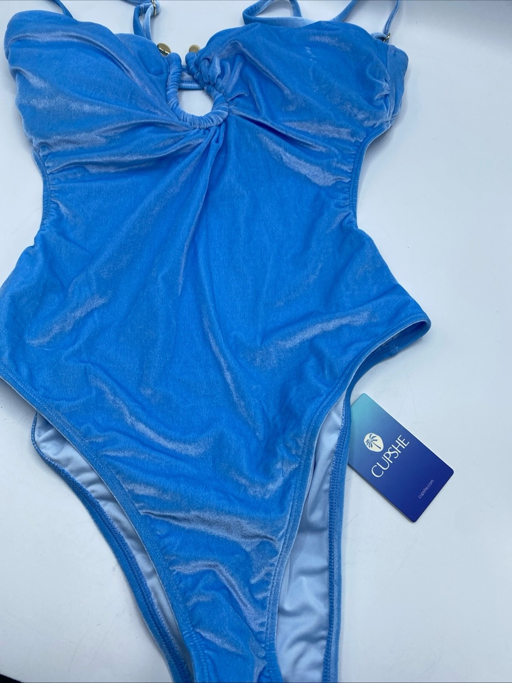 Cupshe One Piece Women's Swimsuit Light Blue Velour Open Back Large French Cut